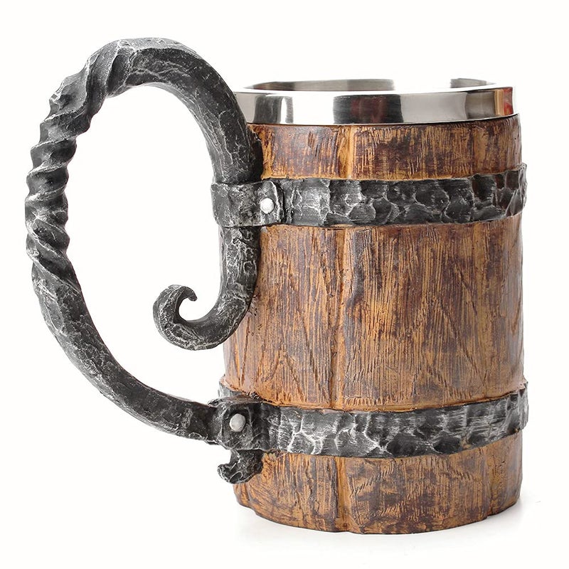 OTARTU OTARTU Vintage Faux Oak Wood Barrel Beer Mug Medieval Retro Viking Stainless Steel Coffee Cup Stein Tankard17oz500ML Cup MugUnique Gift