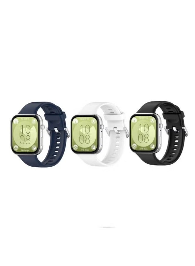 3 قطع حزام لساعة هواوي فيت 3، سوار بديل من السيليكون باللون الأسود والأبيض والأزرق - Image 1