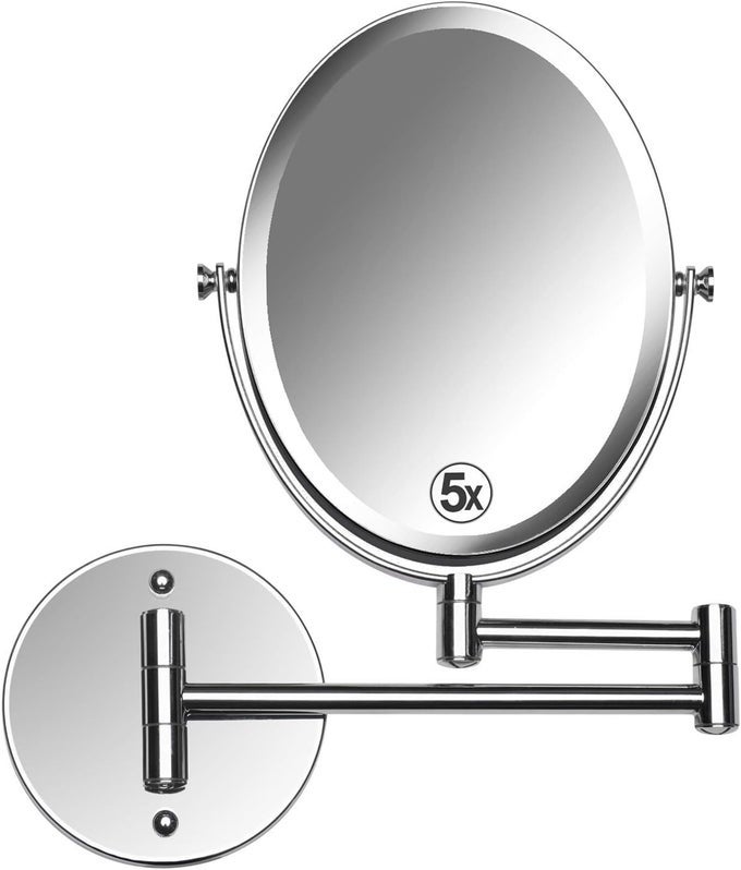 WALL MOUNTED BATHROOM MAKEUP SHAVING MIRROR DOUBLE SIDED 5X 1X MAGNIFICATION 13INCH EXTENSION SWIVEL ARM OVAL 66 X 86 GLASS AREA CHROME