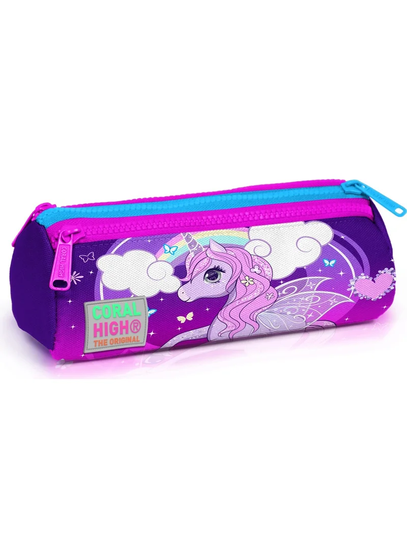 كورال هاي Kids Three Compartment Pencil Case Purple Pink Unicorn Pattern 22008