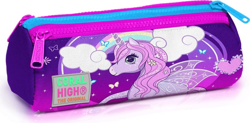 CORAL HIGH Kids Three Compartment Pencil Case Purple Pink Unicorn Pattern 22008  - Image 1