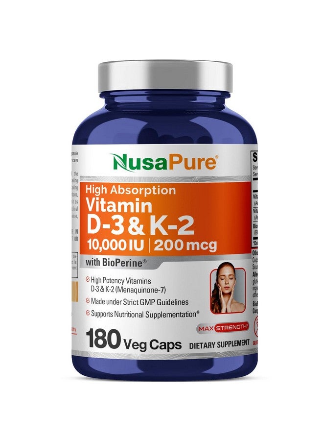 NusaPure NusaPure Vitamin K2 (MK7) (200mcg) + Vitamin D3 (10000 IU) 180 Veg Caps - Bioperine, Soyfree, Non-GMO - Image 1
