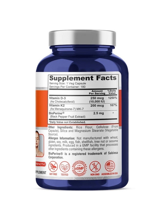 NusaPure NusaPure Vitamin K2 (MK7) (200mcg) + Vitamin D3 (10000 IU) 180 Veg Caps - Bioperine, Soyfree, Non-GMO - Image 2