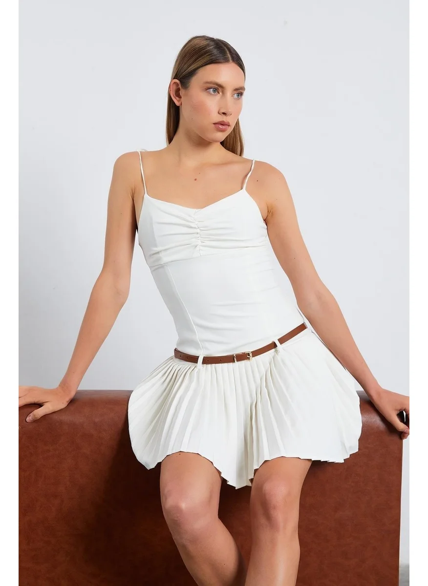 تينا Women's White Belted Pleated Dress