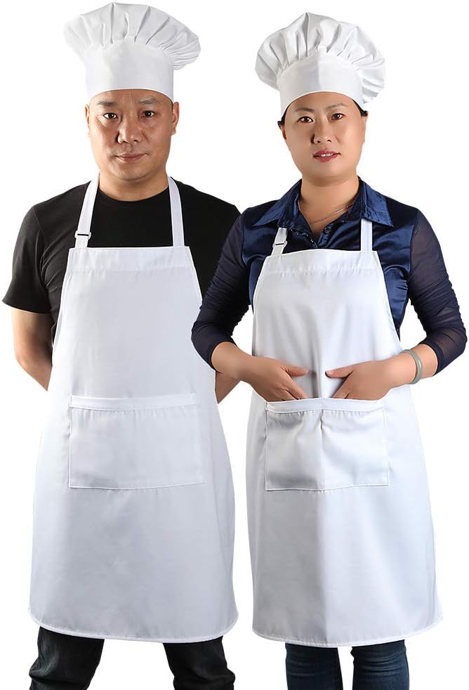 yotache Chef Apron Set, Chef Hat and Kitchen Apron Adult Adjustable White Apron Baker for Men and Women, 2 Sets (33" L x 26" W) - Image 1