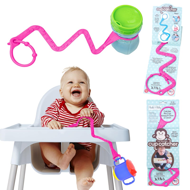 Brilli Baby Cup Catcher Patented Safety Tether Strap, Attach Sippy Cups, Bottles, Pacifiers & More to Stroller, High Chair, Car Seat, Made in USA, Food Grade, Dishwasher Safe (Pink) - Image 1