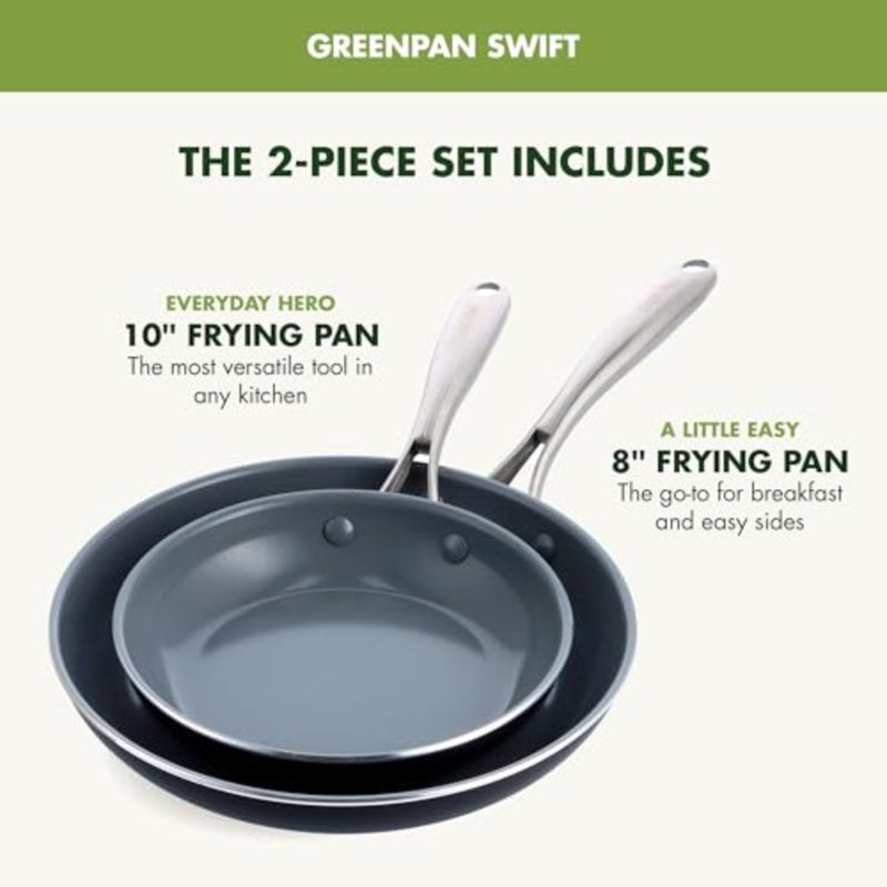 GreenPan Swift صحي سيراميك غير لاصق، مجموعة مقلاة 8 بوصة و10 بوصة، مقابض من الفولاذ المقاوم للصدأ، خالية من PFAS، آمنة للاستخدام في غسالة الأطباق، آمنة للفرن، أسود - Image 3