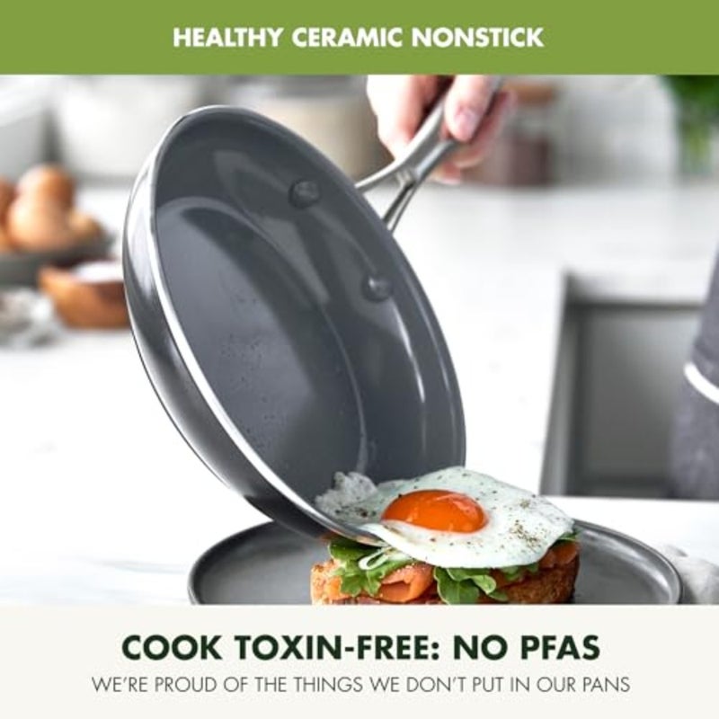 GreenPan Swift صحي سيراميك غير لاصق، مجموعة مقلاة 8 بوصة و10 بوصة، مقابض من الفولاذ المقاوم للصدأ، خالية من PFAS، آمنة للاستخدام في غسالة الأطباق، آمنة للفرن، أسود - Image 2