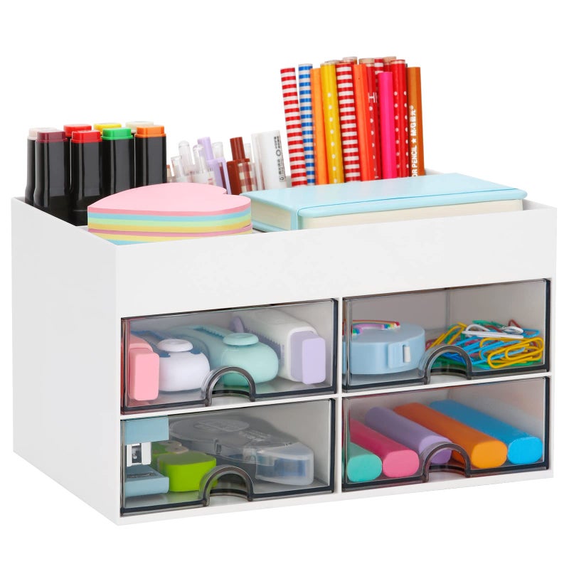 LETURE Desktop Organizer with Drawer, Accessories Stationary Organizer Desk Caddy, Pen/Pencil/Business Card/Sticky Note Tray/Paperclip Holder Storage Box (White) - Image 1