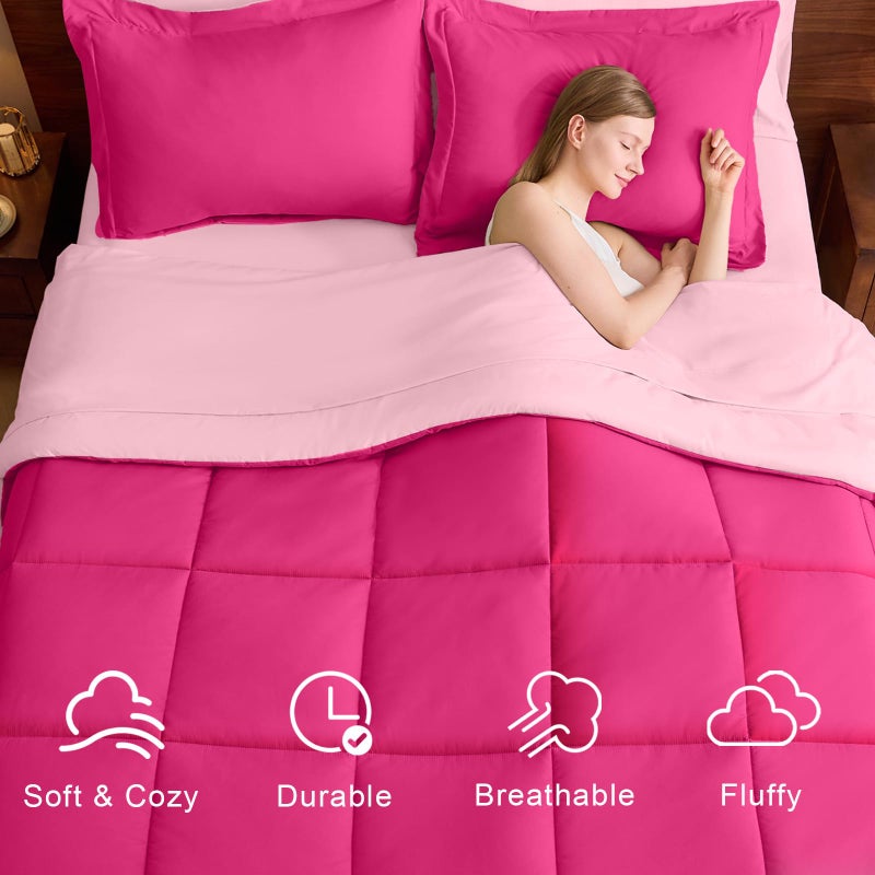 FUANNA Queen Comforter Set 7 Pieces, Reversible Queen Size Bed in a Bag with All Season Soft Comforter, Bedding Sets Includes Comforter, Flat Sheet, Fitted Sheet, Pillowcases & Shams, Hot Pink & Pink - Image 2