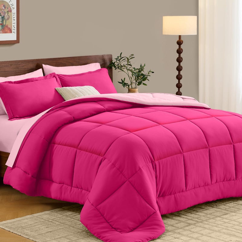FUANNA Queen Comforter Set 7 Pieces, Reversible Queen Size Bed in a Bag with All Season Soft Comforter, Bedding Sets Includes Comforter, Flat Sheet, Fitted Sheet, Pillowcases & Shams, Hot Pink & Pink - Image 1