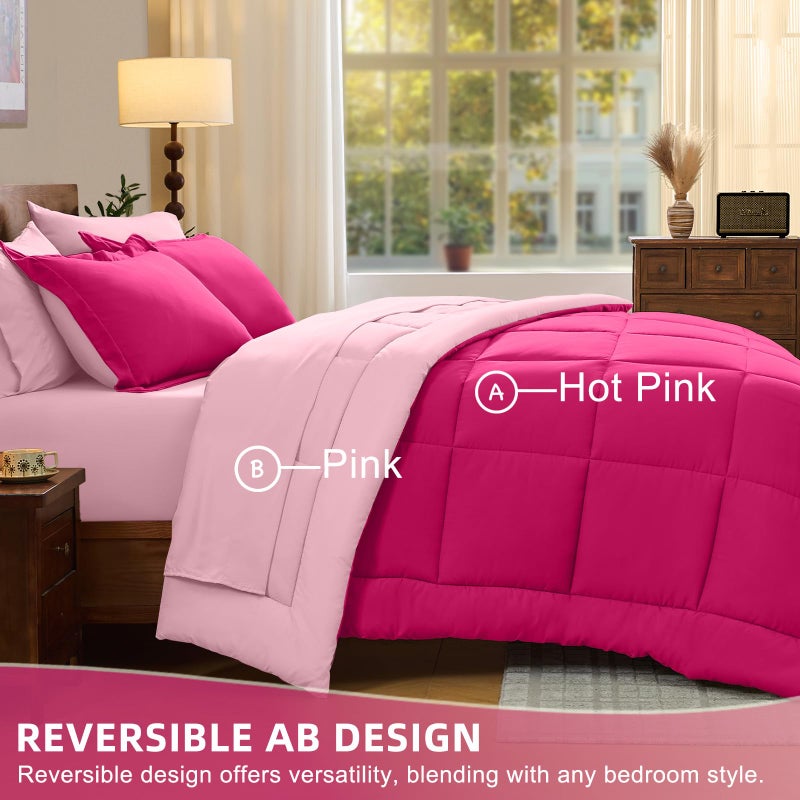 FUANNA Queen Comforter Set 7 Pieces, Reversible Queen Size Bed in a Bag with All Season Soft Comforter, Bedding Sets Includes Comforter, Flat Sheet, Fitted Sheet, Pillowcases & Shams, Hot Pink & Pink - Image 4