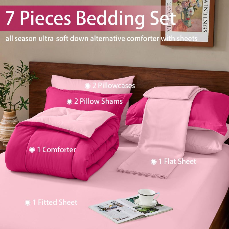 FUANNA Queen Comforter Set 7 Pieces, Reversible Queen Size Bed in a Bag with All Season Soft Comforter, Bedding Sets Includes Comforter, Flat Sheet, Fitted Sheet, Pillowcases & Shams, Hot Pink & Pink - Image 5