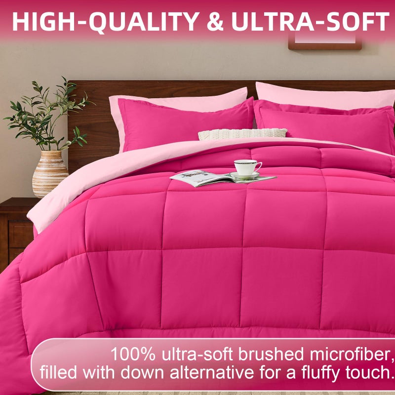 FUANNA Queen Comforter Set 7 Pieces, Reversible Queen Size Bed in a Bag with All Season Soft Comforter, Bedding Sets Includes Comforter, Flat Sheet, Fitted Sheet, Pillowcases & Shams, Hot Pink & Pink - Image 3