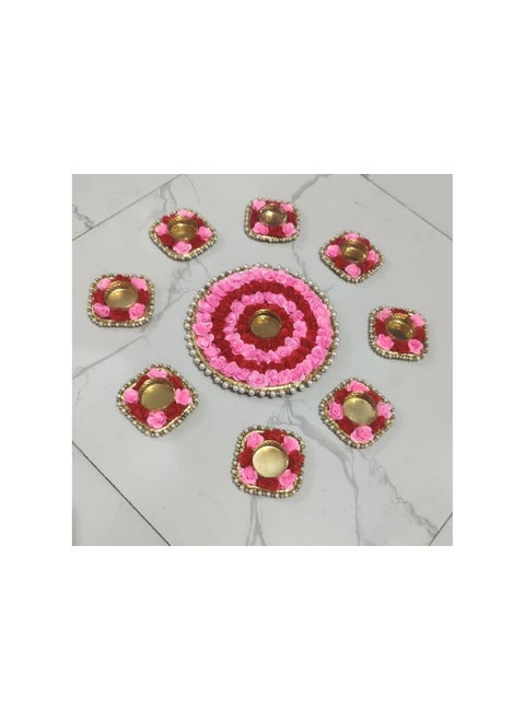 vaSun - Always Together Artificial Flower Rose Rangoli, Pearls Diya Tealight Rangoli Floating/Non Floating Festive Decor (Set of 9 Holder and 9 Candles Diyas
