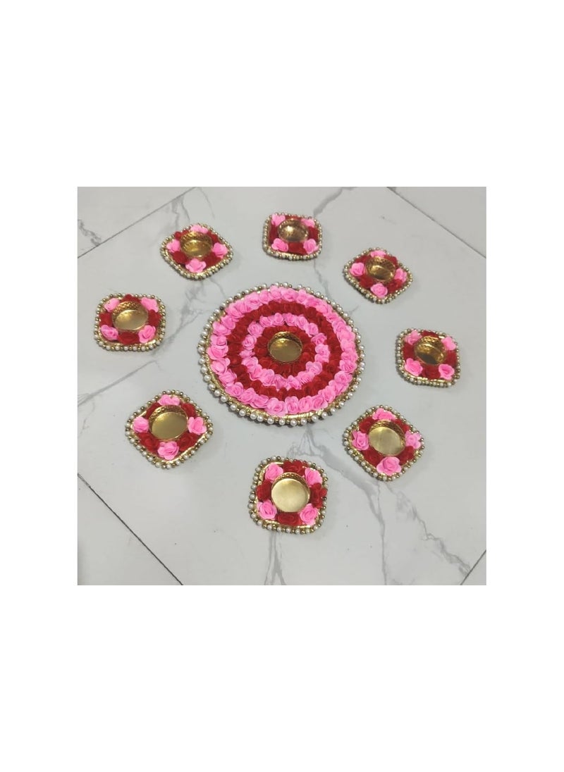vaSun - Always Together Artificial Flower Rose Rangoli, Pearls Diya Tealight Rangoli Floating/Non Floating Festive Decor (Set of 9 Holder and 9 Candles Diyas