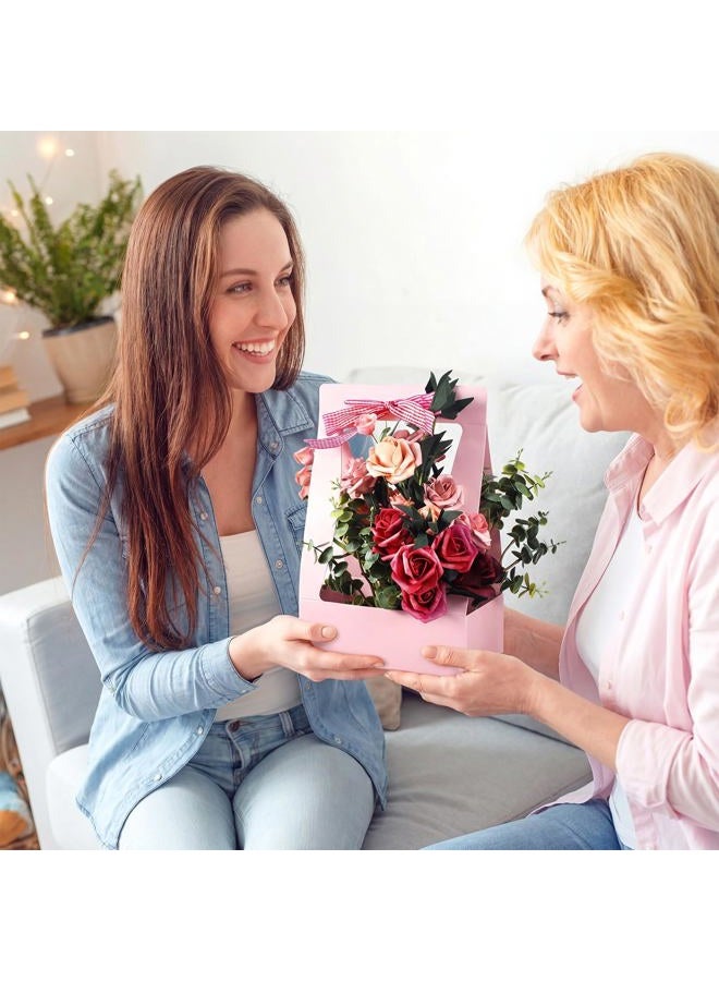 Teling 24 Pcs Valentine's Day Flower Boxes for Arrangements Pink Flower Bags for Bouquets Paper Floral Gift Bag Portable Waterproof Floral Box with Handle for Wedding Party Florist Supplies (Pink) - Image 2