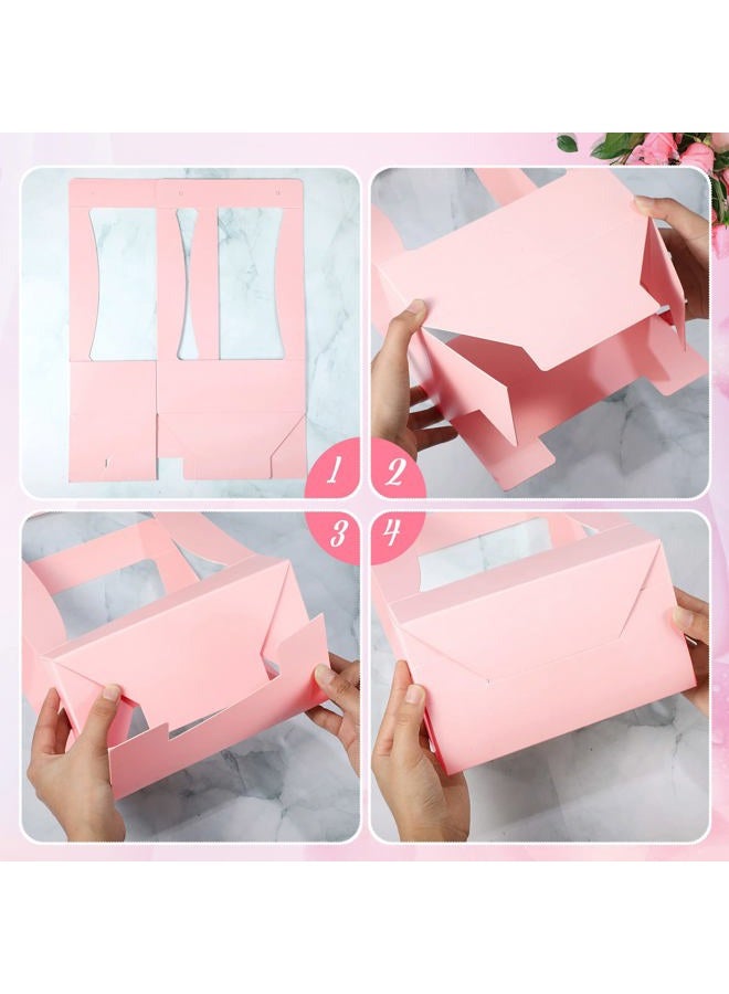 Teling 24 Pcs Valentine's Day Flower Boxes for Arrangements Pink Flower Bags for Bouquets Paper Floral Gift Bag Portable Waterproof Floral Box with Handle for Wedding Party Florist Supplies (Pink) - Image 5