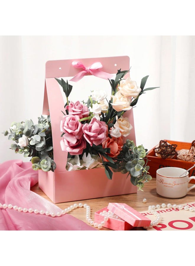 Teling 24 Pcs Valentine's Day Flower Boxes for Arrangements Pink Flower Bags for Bouquets Paper Floral Gift Bag Portable Waterproof Floral Box with Handle for Wedding Party Florist Supplies (Pink) - Image 3