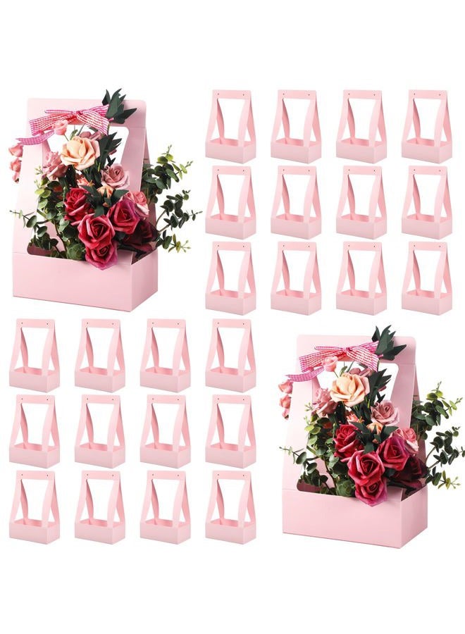 Teling 24 Pcs Valentine's Day Flower Boxes for Arrangements Pink Flower Bags for Bouquets Paper Floral Gift Bag Portable Waterproof Floral Box with Handle for Wedding Party Florist Supplies (Pink) - Image 1