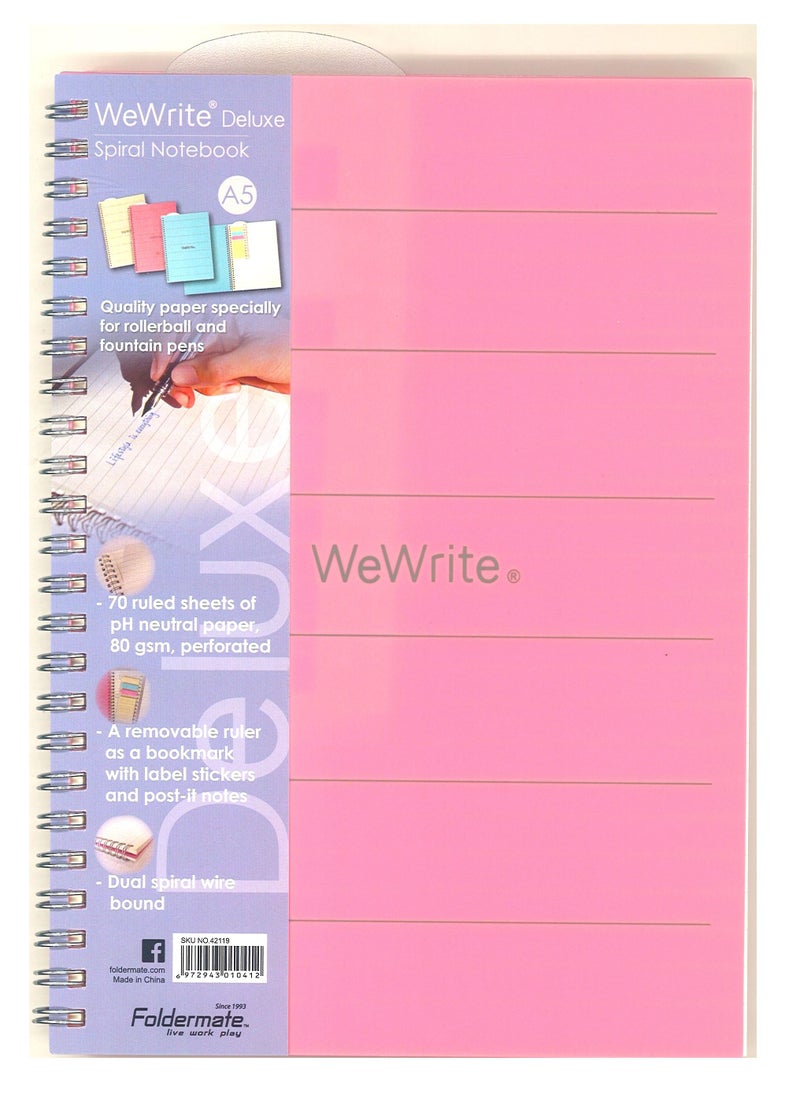 Foldermate - A5 Size Deluxe Spiral Notebook 70 Sheets Pink Cover - Image 1