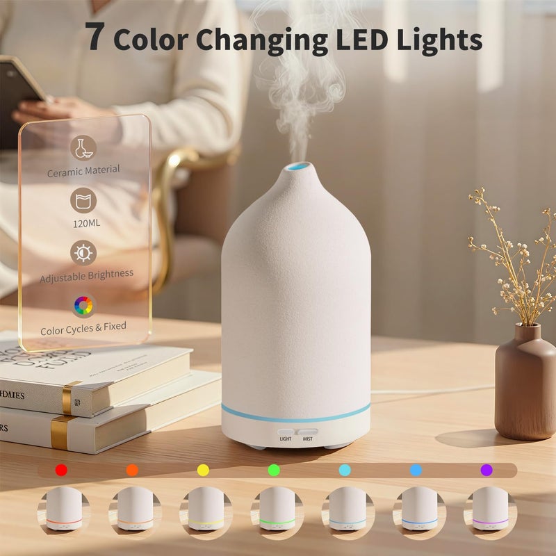 URPOWER 120ML Essential Oil Diffuser Ceramic Aromatherapy Diffuser with 7-Color LED Lights, Auto Shut-Off, 2 Mist Modes, Humidifier for Home Office Decor, Scent Diffuser for Yoga Spa - Image 3