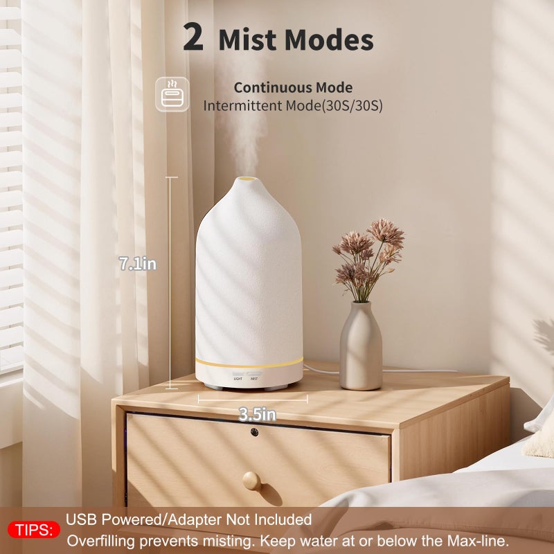 URPOWER 120ML Essential Oil Diffuser Ceramic Aromatherapy Diffuser with 7-Color LED Lights, Auto Shut-Off, 2 Mist Modes, Humidifier for Home Office Decor, Scent Diffuser for Yoga Spa - Image 2