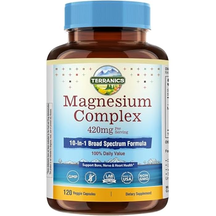Terranics Magnesium Complex Supplement 420mg, 10-in-1 Full-Spectrum Formula, Glycinate, Citrate, Malate & More, Max Absorption, Bone and Heart Support, 120 Veggie Caps - Image 1