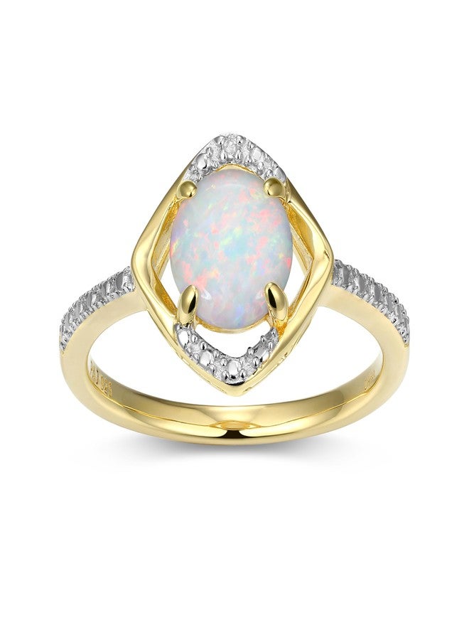 مورجان آند بايدج خاتم مورغان آند بيج من الفضة الإسترليني عيار 925 مطلي بالذهب الأصفر عيار 18 قيراطًا، مرصع بحجر أوبال صناعي وأحجار ألماس، بتصميم هالة مميزة، مرصع بأحجار بخت شهر أكتوبر، مقاس 8 - Image 1