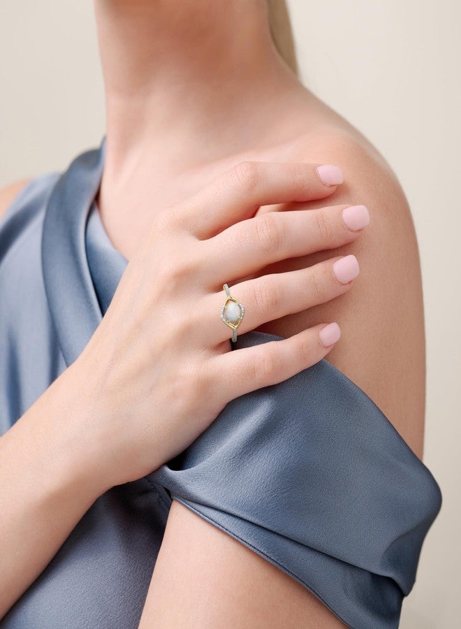 مورجان آند بايدج خاتم مورغان آند بيج من الفضة الإسترليني عيار 925 مطلي بالذهب الأصفر عيار 18 قيراطًا، مرصع بحجر أوبال صناعي وأحجار ألماس، بتصميم هالة مميزة، مرصع بأحجار بخت شهر أكتوبر، مقاس 8 - Image 4