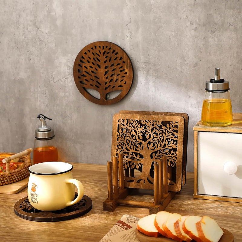 Beeveer 5 Pcs Life Tree Wooden Trivets with Storage Rack Hot Pads Trivets for Hot Dishes Pots and Pans Heat Resistant Mat Set Tea Pot Holders for Kitchen Dining TableDark Wood - Image 2