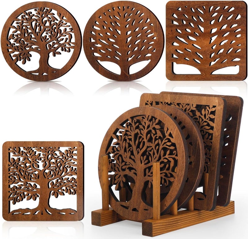 Beeveer 5 Pcs Life Tree Wooden Trivets with Storage Rack Hot Pads Trivets for Hot Dishes Pots and Pans Heat Resistant Mat Set Tea Pot Holders for Kitchen Dining TableDark Wood - Image 1