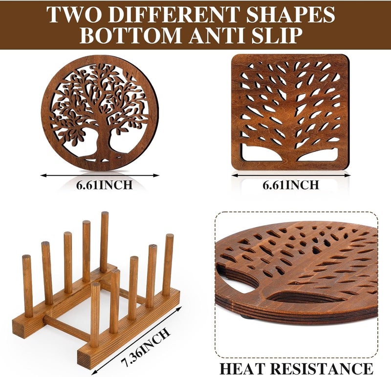 Beeveer 5 Pcs Life Tree Wooden Trivets with Storage Rack Hot Pads Trivets for Hot Dishes Pots and Pans Heat Resistant Mat Set Tea Pot Holders for Kitchen Dining TableDark Wood - Image 3