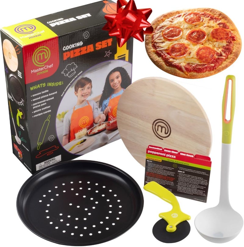 MasterChef Junior Pizza Cooking Set - 5 Pc Kit Includes Real Cookware for Kids w Recipes, Board, Roller - Make Homemade Pizza, Birthday Holiday Gifts - Image 1