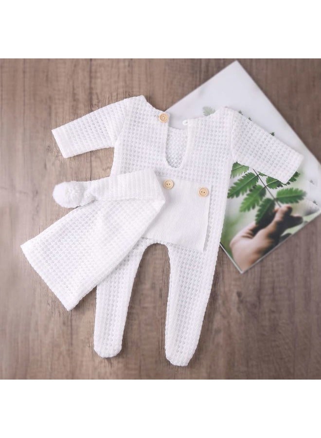 Vedory Newborn Baby Photo Shoot Props Girl Boy Crochet Knit Hat Costume Stripe Hat Pants Overalls Photography Props (off white) - Image 5