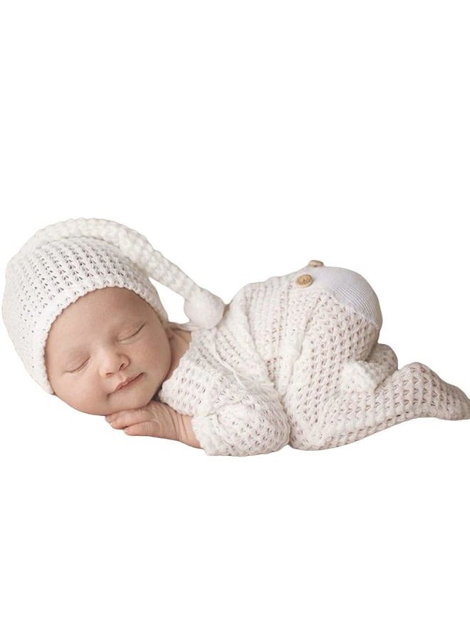 Vedory Newborn Baby Photo Shoot Props Girl Boy Crochet Knit Hat Costume Stripe Hat Pants Overalls Photography Props (off white) - Image 1