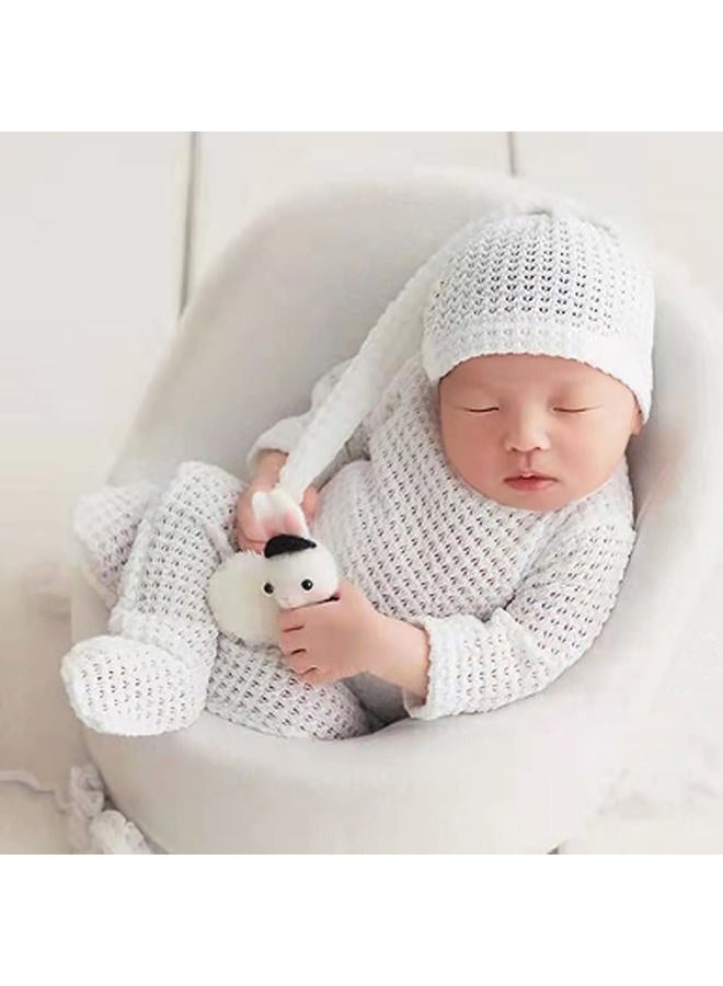 Vedory Newborn Baby Photo Shoot Props Girl Boy Crochet Knit Hat Costume Stripe Hat Pants Overalls Photography Props (off white) - Image 3