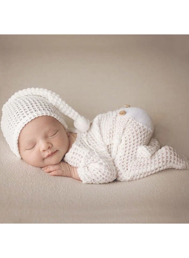 Vedory Newborn Baby Photo Shoot Props Girl Boy Crochet Knit Hat Costume Stripe Hat Pants Overalls Photography Props (off white) - Image 2