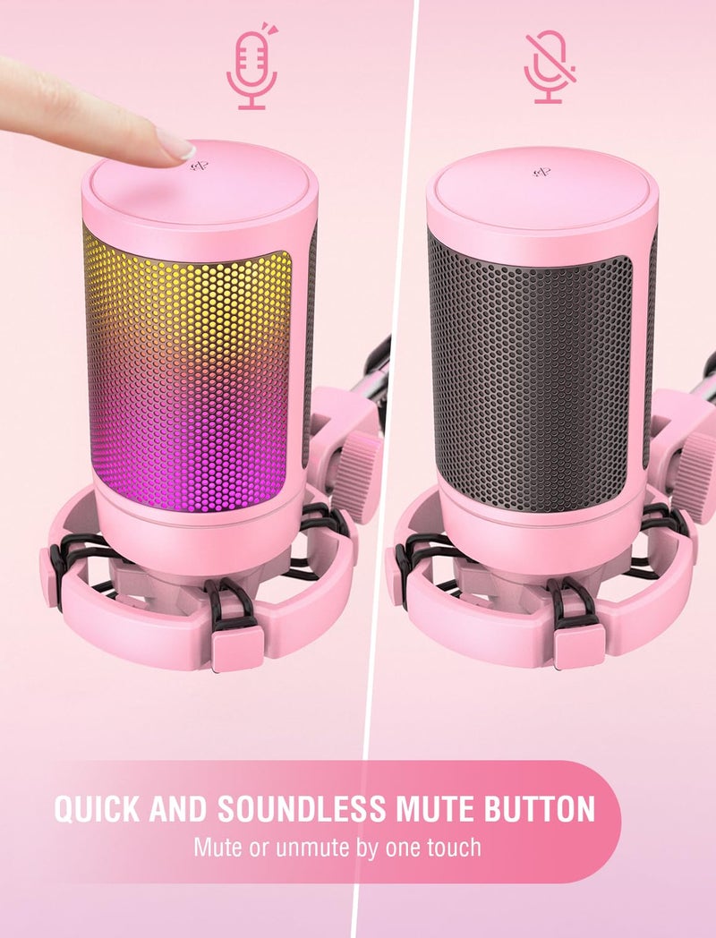 FIFINE ميكروفون FIFINE USB للألعاب لجهاز الكمبيوتر للبث والبودكاست، ميكروفون مكثف RGB لجهاز الكمبيوتر المكتبي، نمط قلب ليوتيوب، توصيل وتشغيل على PS4 PS5، مع كتم سريع، ميكروفون Gain-A6V وردي - Image 2