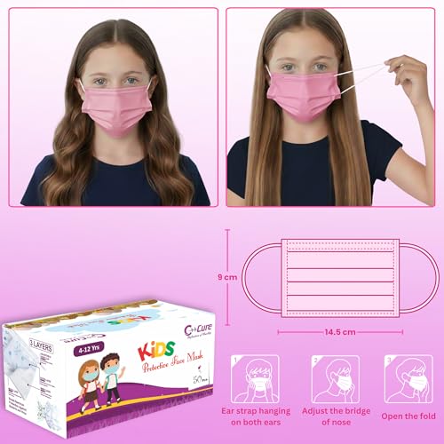 C-Cure Kids Disposable Face Mask, 3 Ply Non Woven Mask With Meltblown Layer & Nose Clip, Breathable Ear Loop Mask For Boys And Girls Aged 4–12 Years (Pink, Pack of 50) - Image 5