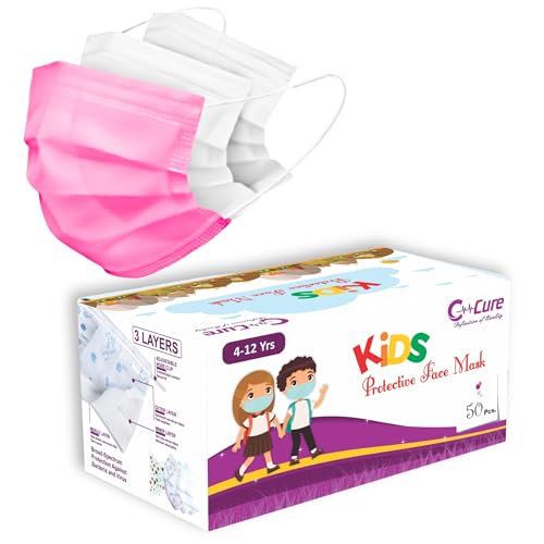 C-Cure Kids Disposable Face Mask, 3 Ply Non Woven Mask With Meltblown Layer & Nose Clip, Breathable Ear Loop Mask For Boys And Girls Aged 4–12 Years (Pink, Pack of 50) - Image 1