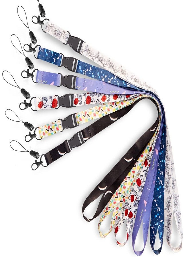 Foshine 6 Pack Lanyard White Black Roses and Black one with moonLanyards with id Badges Holder Rose Neck Office Cruise Lanyard for Keys Women Men id Lanyard Card Holder Waterproof - Image 1