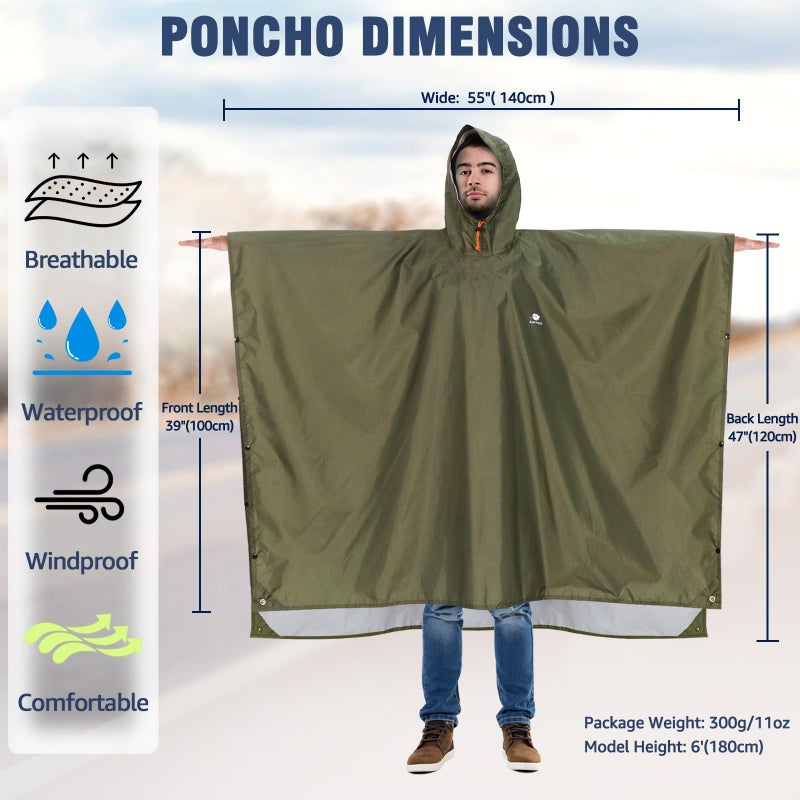 ANYOO Hooded Rain Poncho for Adults Waterproof Lightweight Rain Coats for Men Women Reusable Rain Jacket for Emergency Camping Outdoor Activities(Army Green) One Size - Image 4