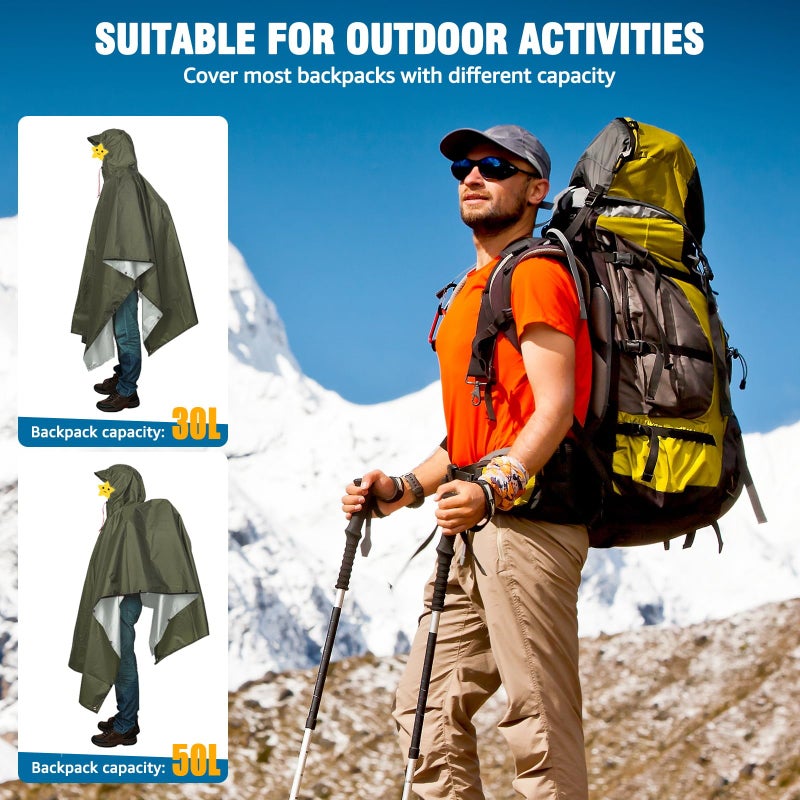 ANYOO Hooded Rain Poncho for Adults Waterproof Lightweight Rain Coats for Men Women Reusable Rain Jacket for Emergency Camping Outdoor Activities(Army Green) One Size - Image 5