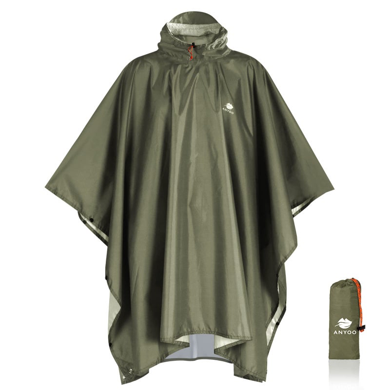 ANYOO Hooded Rain Poncho for Adults Waterproof Lightweight Rain Coats for Men Women Reusable Rain Jacket for Emergency Camping Outdoor Activities(Army Green) One Size - Image 1