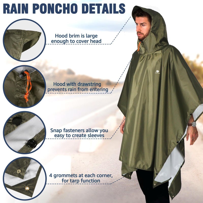 ANYOO Hooded Rain Poncho for Adults Waterproof Lightweight Rain Coats for Men Women Reusable Rain Jacket for Emergency Camping Outdoor Activities(Army Green) One Size - Image 3