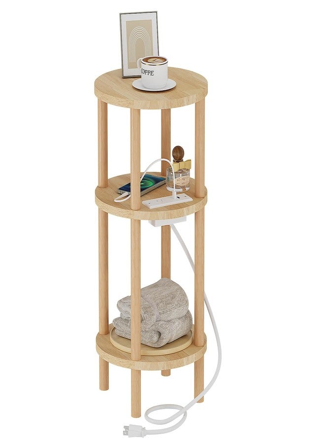 LUCKNOCK Small Round Side Table with Charging Station, 3-Tier Solid Wood End Table, Narrow Compact Sofa Bedside Table for Small Spaces, Easy Assembly for Living Room, Bedroom, Apartment (Natural) - Image 1