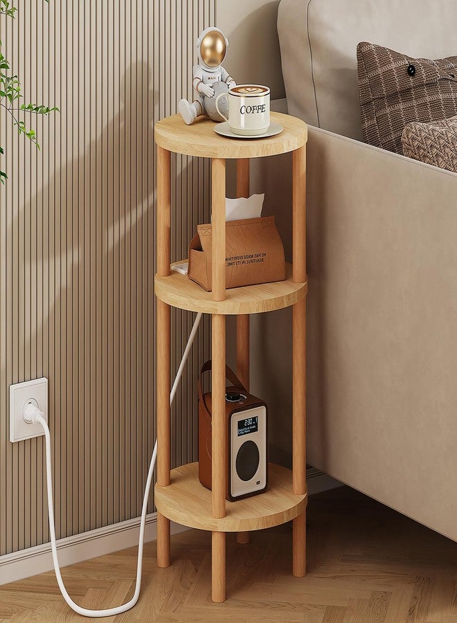 LUCKNOCK Small Round Side Table with Charging Station, 3-Tier Solid Wood End Table, Narrow Compact Sofa Bedside Table for Small Spaces, Easy Assembly for Living Room, Bedroom, Apartment (Natural) - Image 4