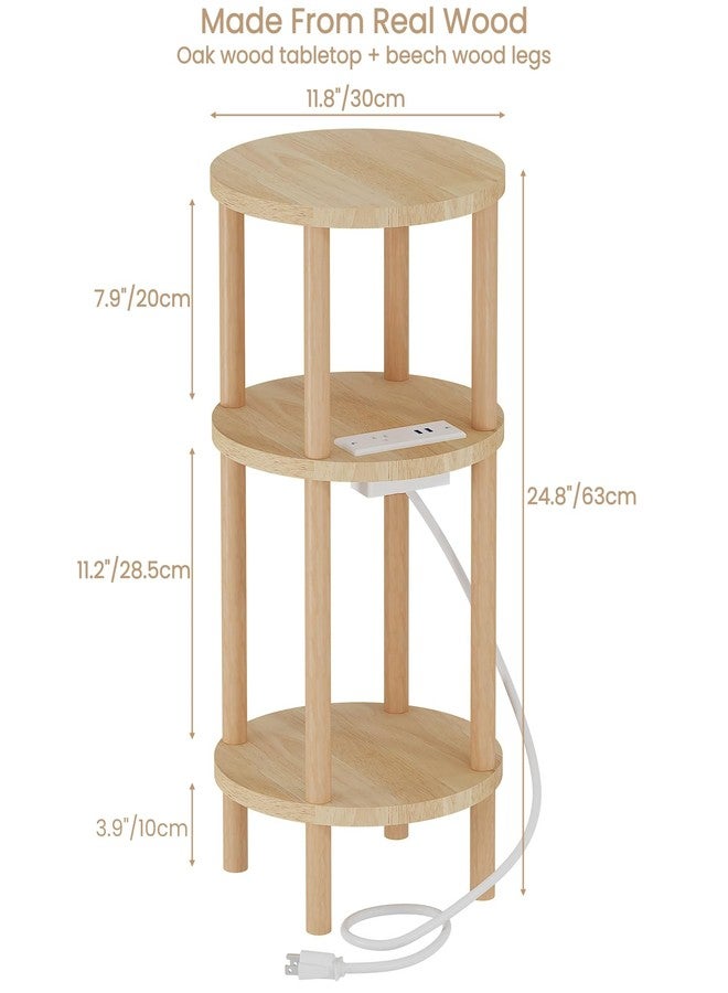 LUCKNOCK Small Round Side Table with Charging Station, 3-Tier Solid Wood End Table, Narrow Compact Sofa Bedside Table for Small Spaces, Easy Assembly for Living Room, Bedroom, Apartment (Natural) - Image 2
