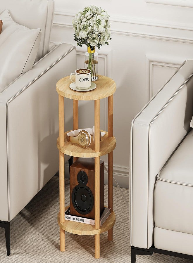 LUCKNOCK Small Round Side Table with Charging Station, 3-Tier Solid Wood End Table, Narrow Compact Sofa Bedside Table for Small Spaces, Easy Assembly for Living Room, Bedroom, Apartment (Natural) - Image 5